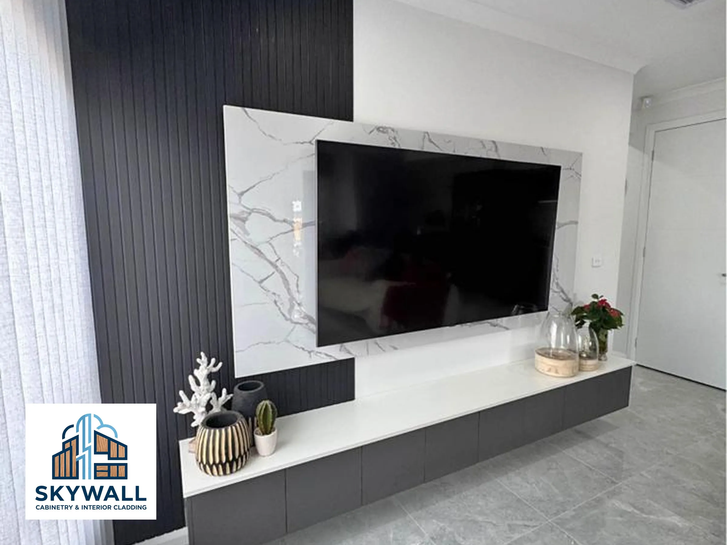 Floating cabinetry and wall cladding detail